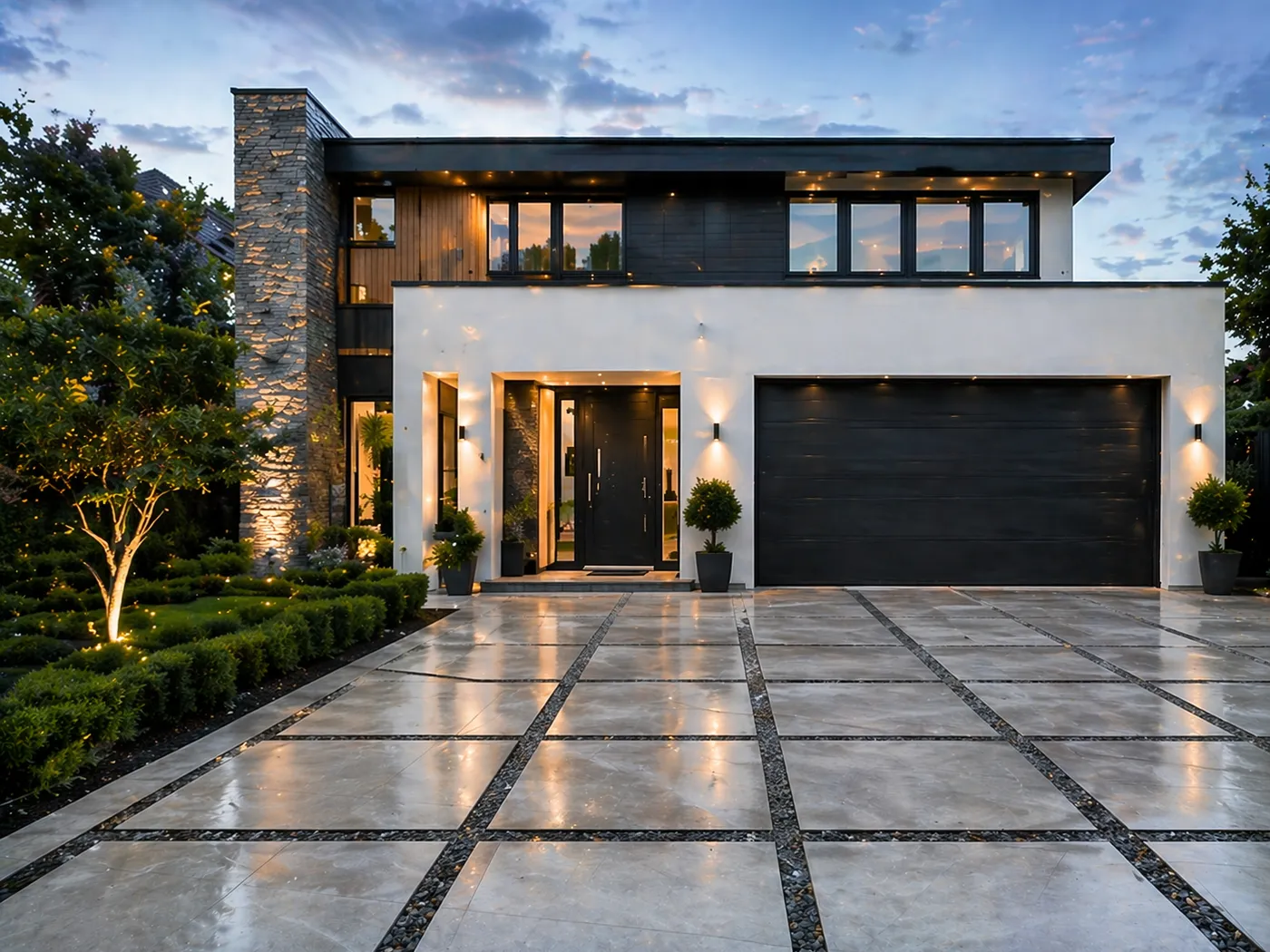 Large porcelain driveway slabs with dark joint strips in front of a garage